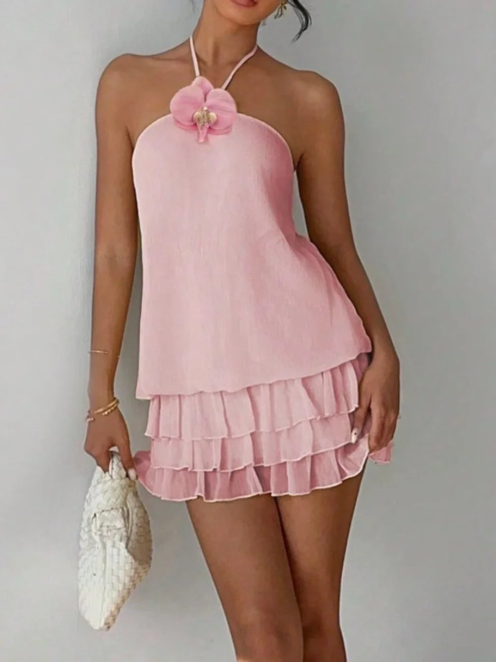 Baby Pink Casual Women's Low-Waist Backless Ruffle Hem Mini Dress - Picture 7 of 8